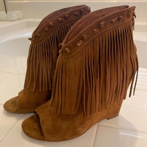 Ash Janis Fringe Leather Open Toe Booties - 37